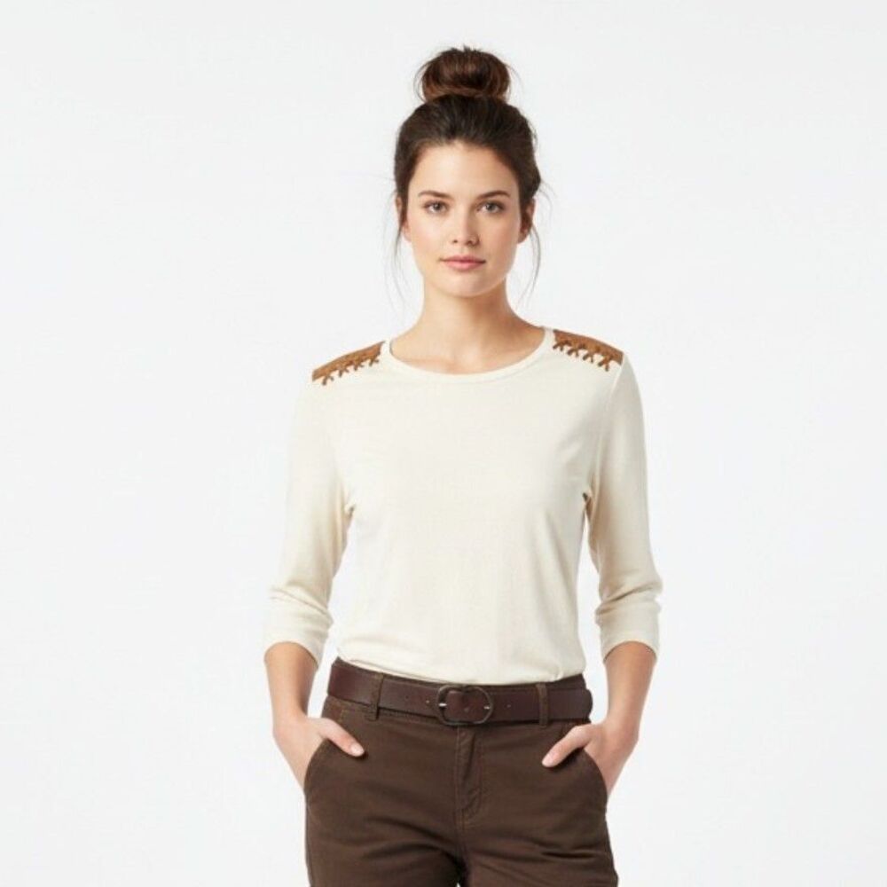 Ralph Lauren Cream & Brown Leather Shoulder Long Sleeve Ribbed Tee T Shirt Top M